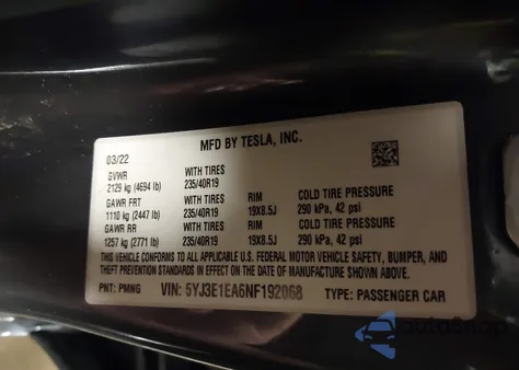 2022 Tesla Model 3 Rear-Wheel Drive from USA, damaged, VIN 5YJ3E1EA6NF192068